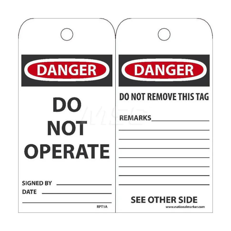 Accident Prevention Tag: Rectangle, 3" High, 6" Wide, Unrippable Vinyl, "Danger"