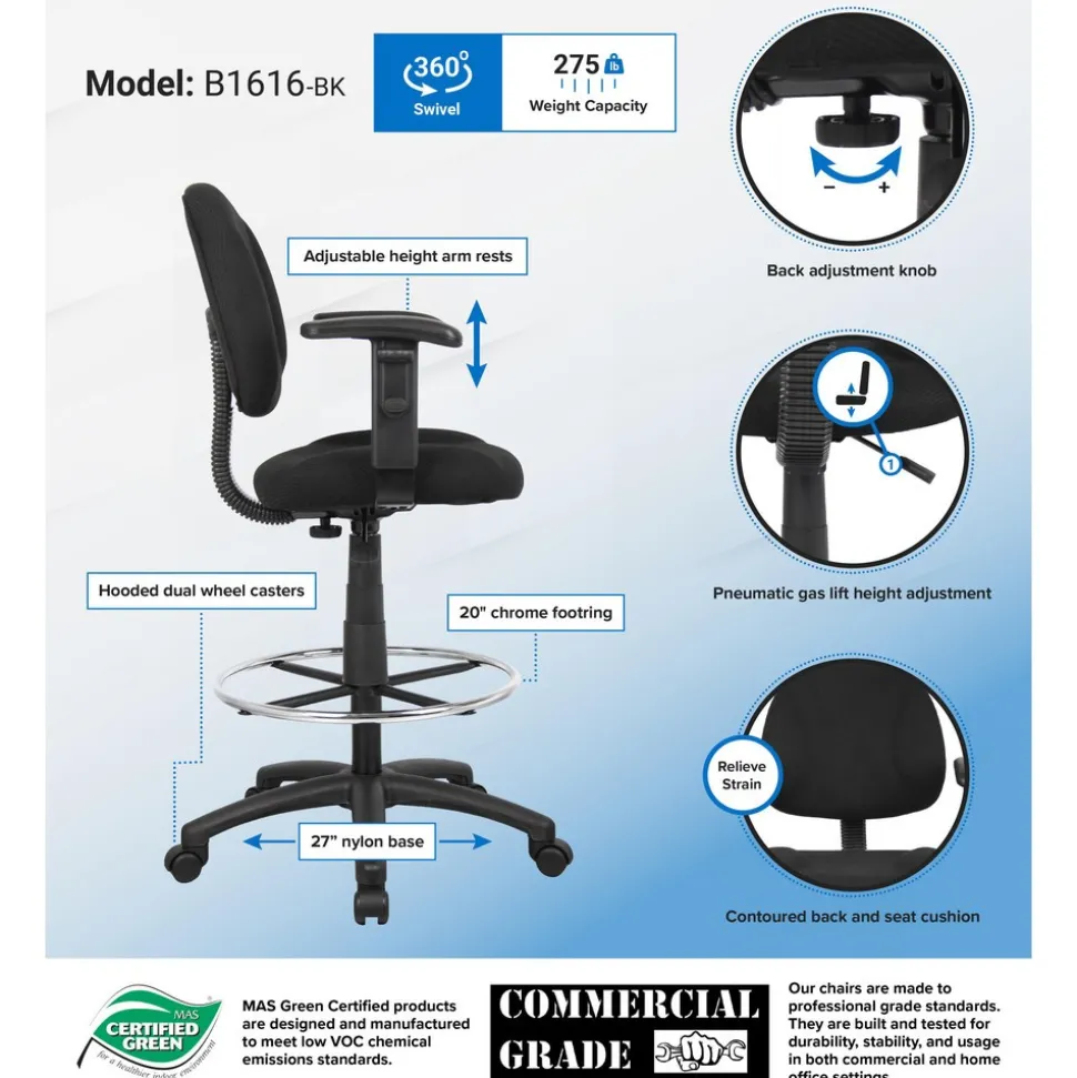 Adjustable Drafting Chair with Adjustable Arms and Removable Foot Rest: 25-1/2 to 30-1/2" Seat Height, 17 x 18-1/2" Seat