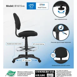 Adjustable Drafting Chair with Foot Ring: 25-1/2 to 30-1/2" Seat Height, 17 x 18-1/2" Seat