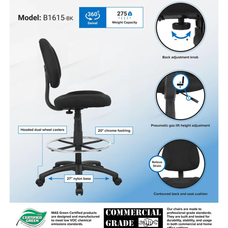 Adjustable Drafting Chair with Foot Ring: 25-1/2 to 30-1/2" Seat Height, 17 x 18-1/2" Seat
