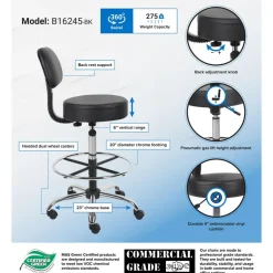 Adjustable Drafting Stool with Back and Removable Foot Rest: 28 to 34" Seat Height, 16 x 16" Seat