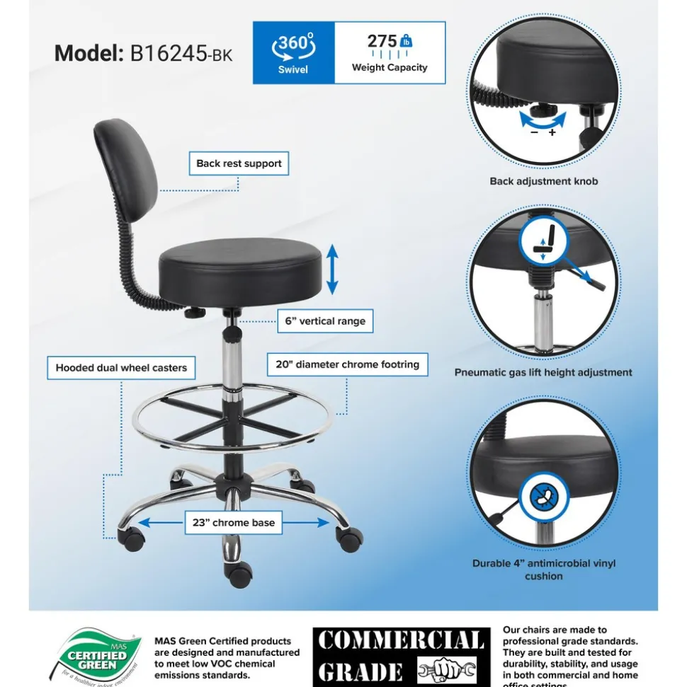 Adjustable Drafting Stool with Back and Removable Foot Rest: 28 to 34" Seat Height, 16 x 16" Seat