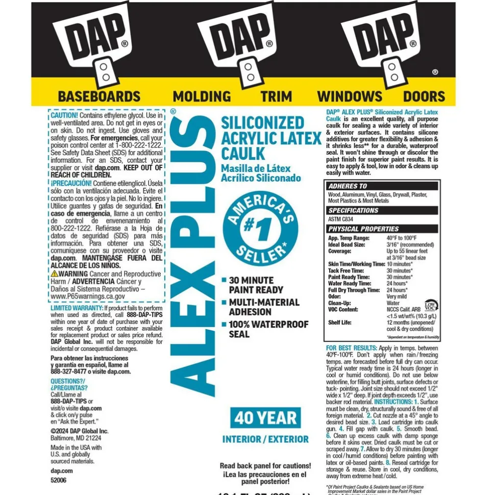 Caulk: 10.1 oz Cartridge, White, Acrylic & Latex