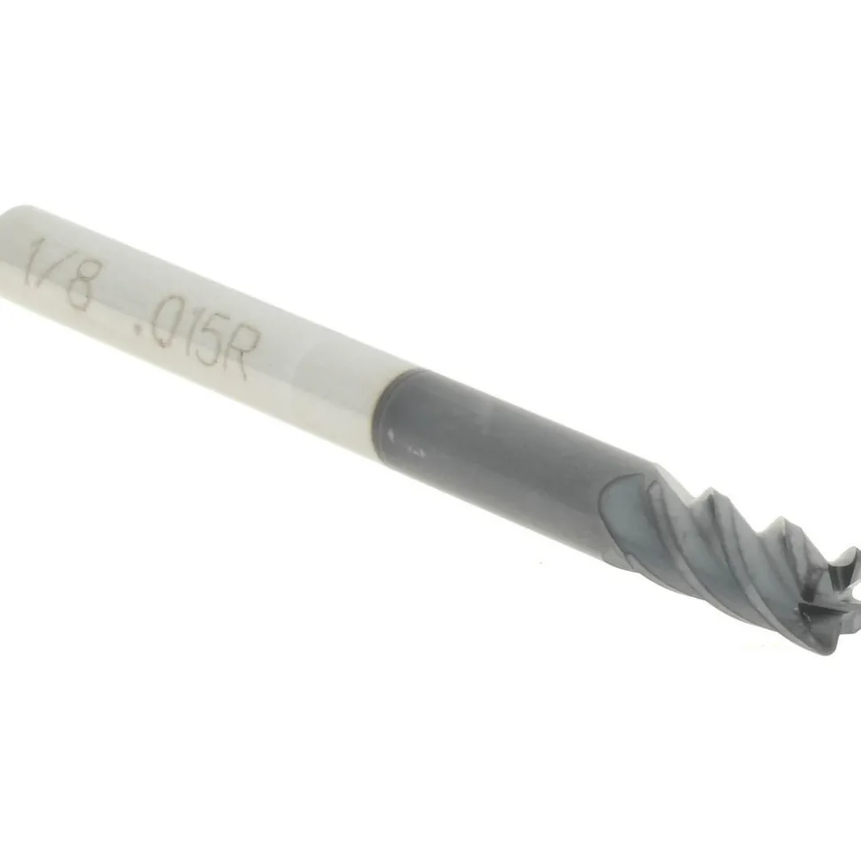 Corner Radius End Mill: 1/8" Dia, 1/4" LOC, 0.0150" Corner Radius, 4 Flute, Solid Carbide