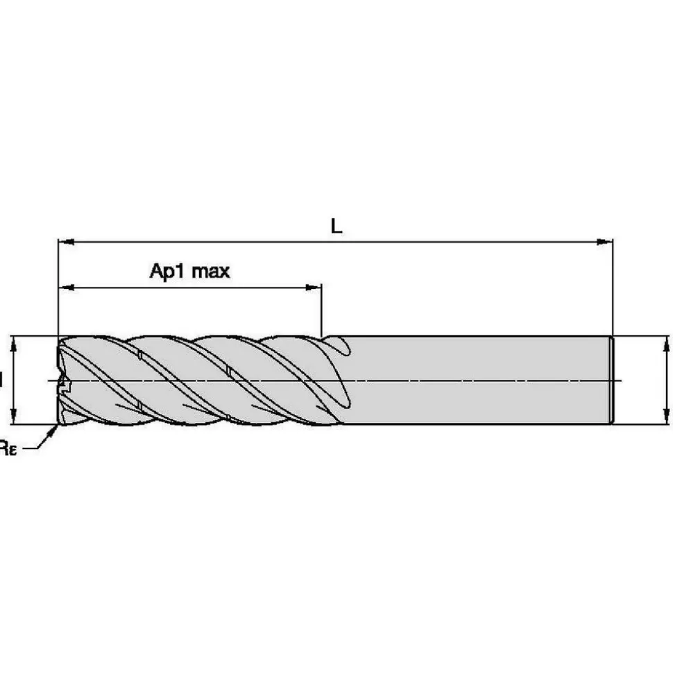 Corner Radius End Mill: 1/2" Dia, 1-1/2" LOC, 0.0300" Corner Radius, 5 Flute, Solid Carbide