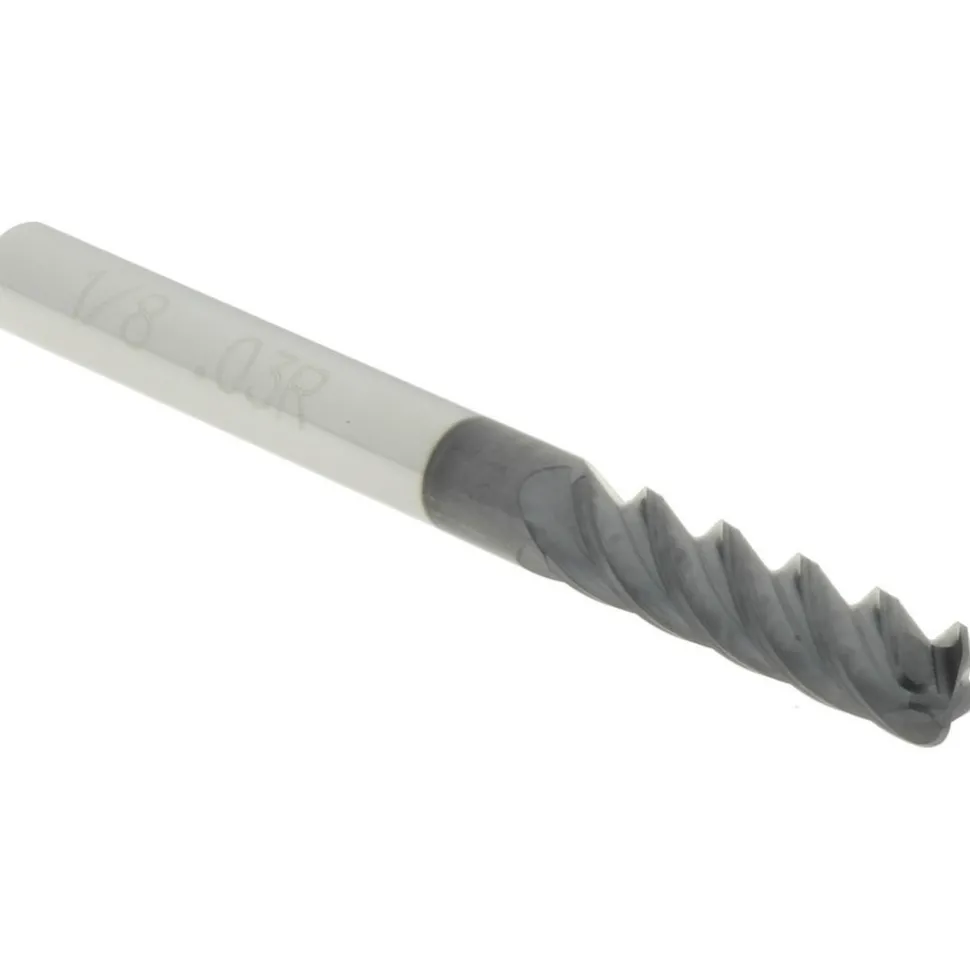 Corner Radius End Mill: 1/8" Dia, 1/2" LOC, 0.0300" Corner Radius, 4 Flute, Solid Carbide