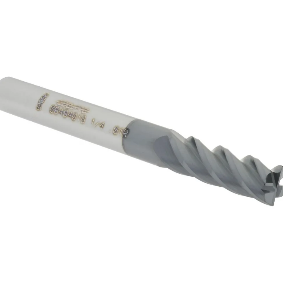 Corner Radius End Mill: 1/4" Dia, 3/4" LOC, 0.0100" Corner Radius, 4 Flute, Solid Carbide