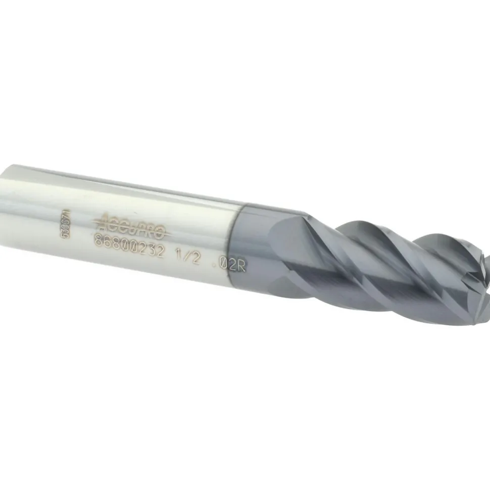Corner Radius End Mill: 1/2" Dia, 1" LOC, 0.0200" Corner Radius, 4 Flute, Solid Carbide
