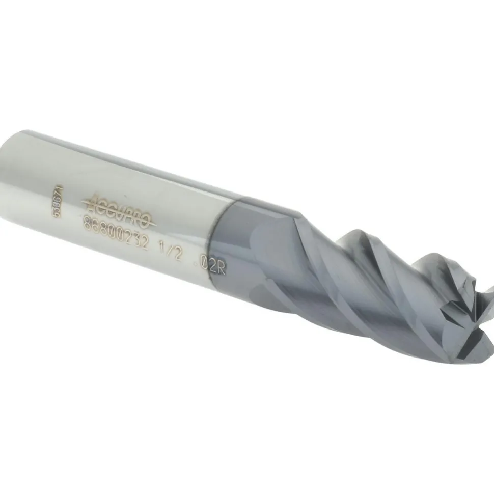 Corner Radius End Mill: 1/2" Dia, 1" LOC, 0.0200" Corner Radius, 4 Flute, Solid Carbide