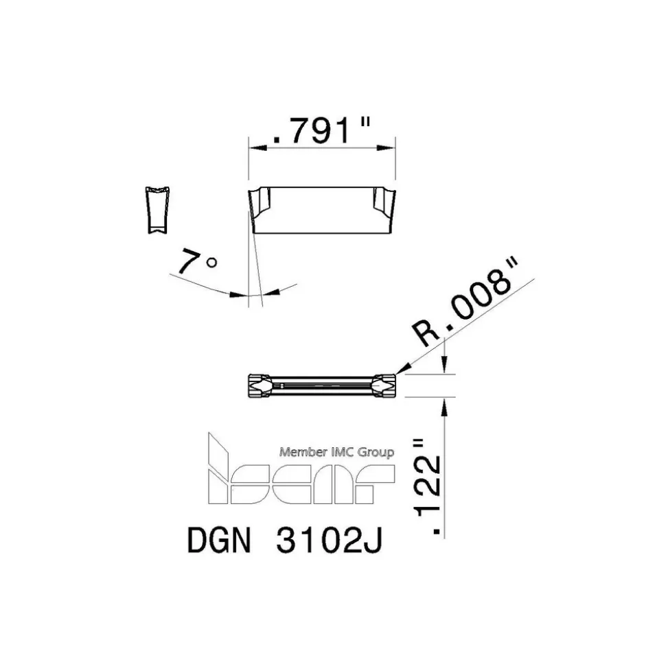 Cutoff Insert: DGN3102J IC908, Carbide, 3.10 mm Cutting Width, 0.1220" Cutting Width