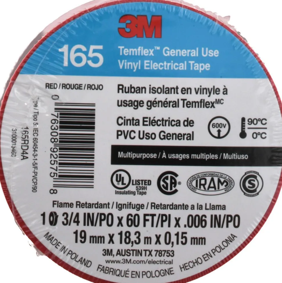 Electrical Tape: 3/4" Wide, 60' Long, 6 mil Thick, Red