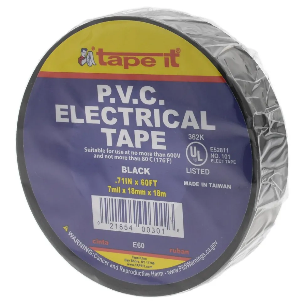 Electrical Tape: 3/4" Wide, 60' Long, 7 mil Thick, Black