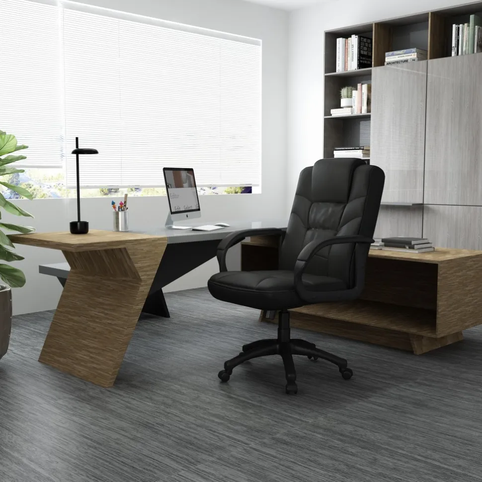 Executive High Back Chair Task Chair: PU Leather, 23-1/2" Seat Height, Black, Adjustable Height