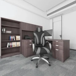 Hinged Arm Executive Chair with Synchro-Tilt Task Chair: Vinyl, 22-1/2" Seat Height, Black & Gray, Adjustable Height
