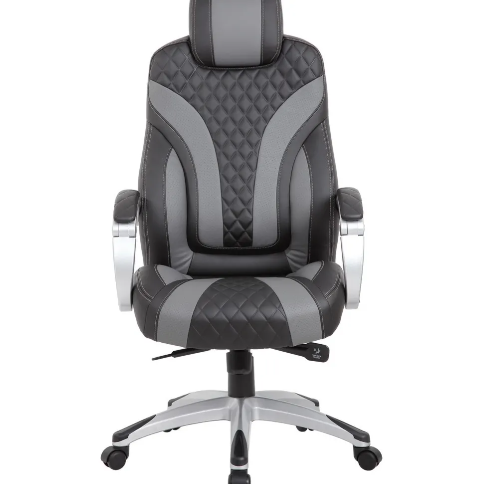 Hinged Arm Executive Chair with Synchro-Tilt Task Chair: Vinyl, 22-1/2" Seat Height, Black & Gray, Adjustable Height