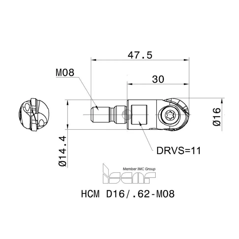 Indexable Ball Nose End Mill: 5/8" Cut Dia, 1.87" OAL