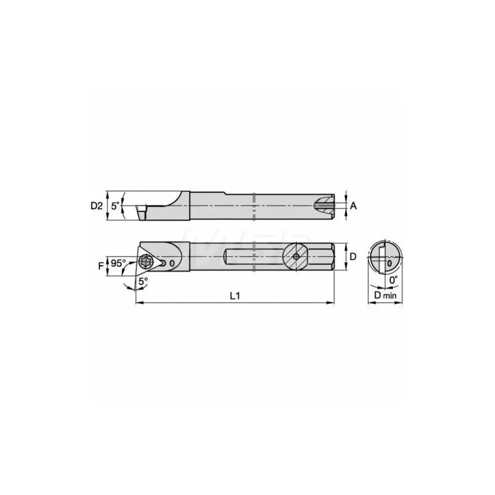 Indexable Boring Bar: A05HSTLDR128, 0.3600" Min Bore, Right Hand, 5.000 deg Lead Angle, Steel