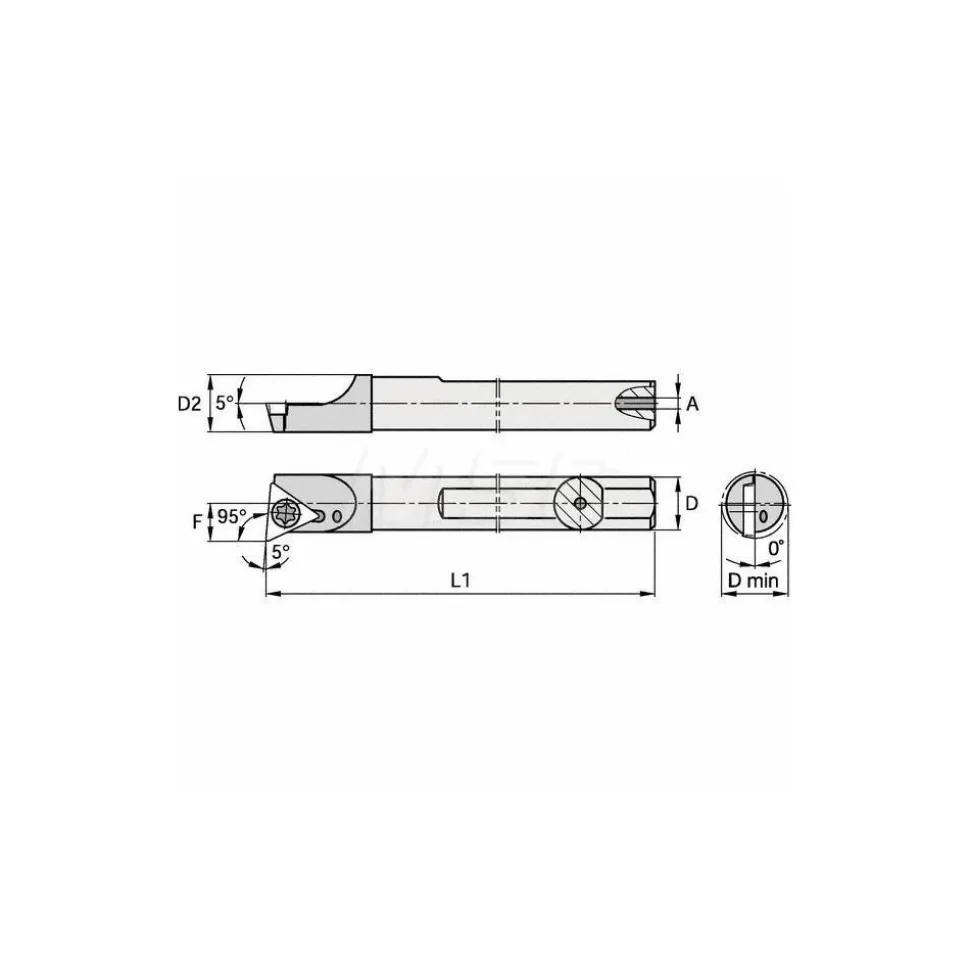 Indexable Boring Bar: E03HSTLDR128, 0.2750" Min Bore, Right Hand, 5.000 deg Lead Angle, Solid Carbide (Shank) & Steel (Head)