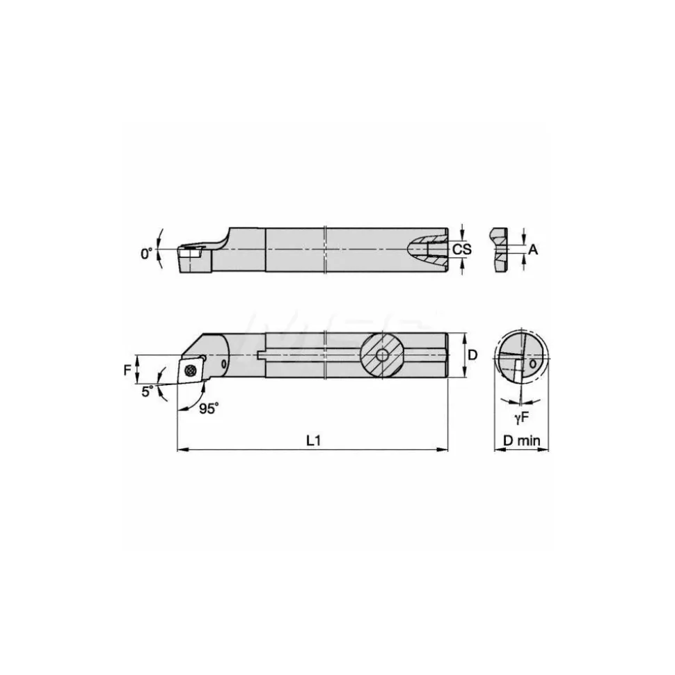 Indexable Boring Bar: E08RSCLCR2, 15.24 mm Min Bore, Right Hand, 12.70 mm Shank Dia, 5.000 deg Lead Angle, Solid Carbide