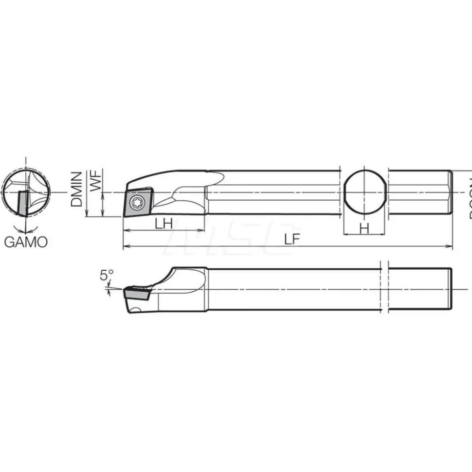 Indexable Boring Bar: S05KSCLCR2, 0.3940" Min Bore, Right Hand, 5.000 deg Lead Angle, Steel