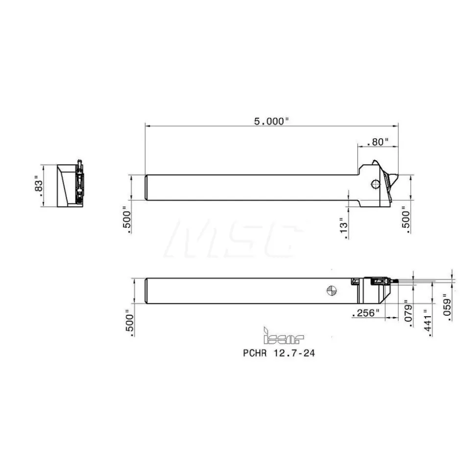 Indexable Grooving-Cutoff Toolholder: PCHR 12.7-24, 0.0197 to 1/8" Groove Width, 0.256" Max Depth of Cut, Right Hand