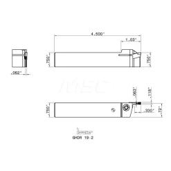 Indexable Grooving-Cutoff Toolholder: GHDR 19-2, 0.016 to 1/8" Groove Width, 0.33" Max Depth of Cut, Right Hand