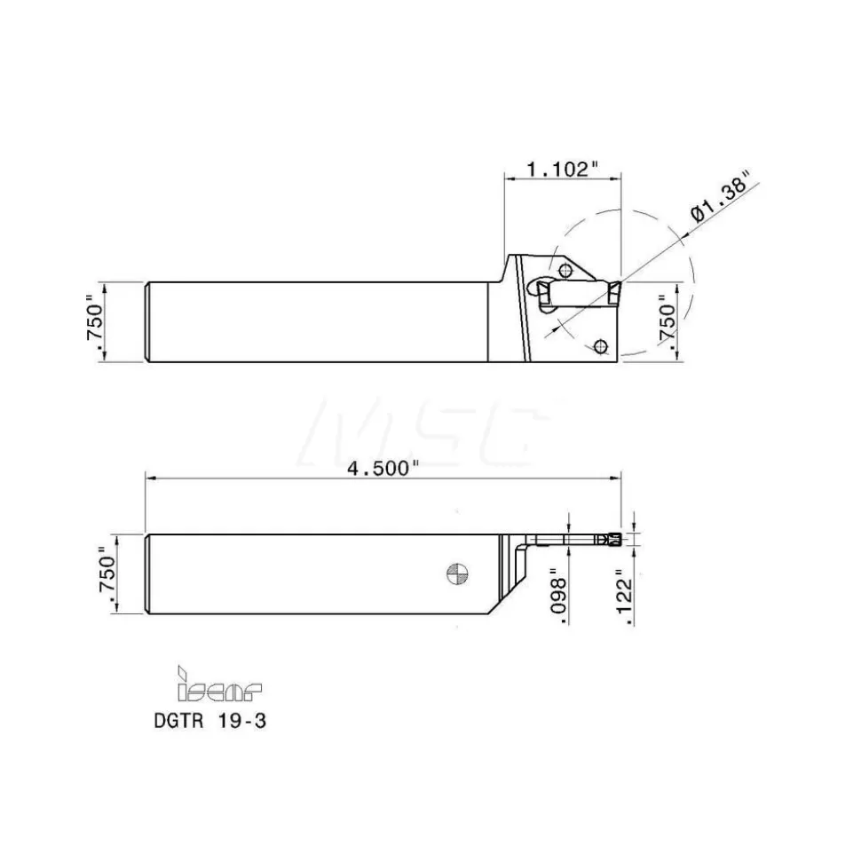 Indexable Grooving-Cutoff Toolholder: DGTR 19-3, 0.118 to 1/8" Groove Width, Right Hand