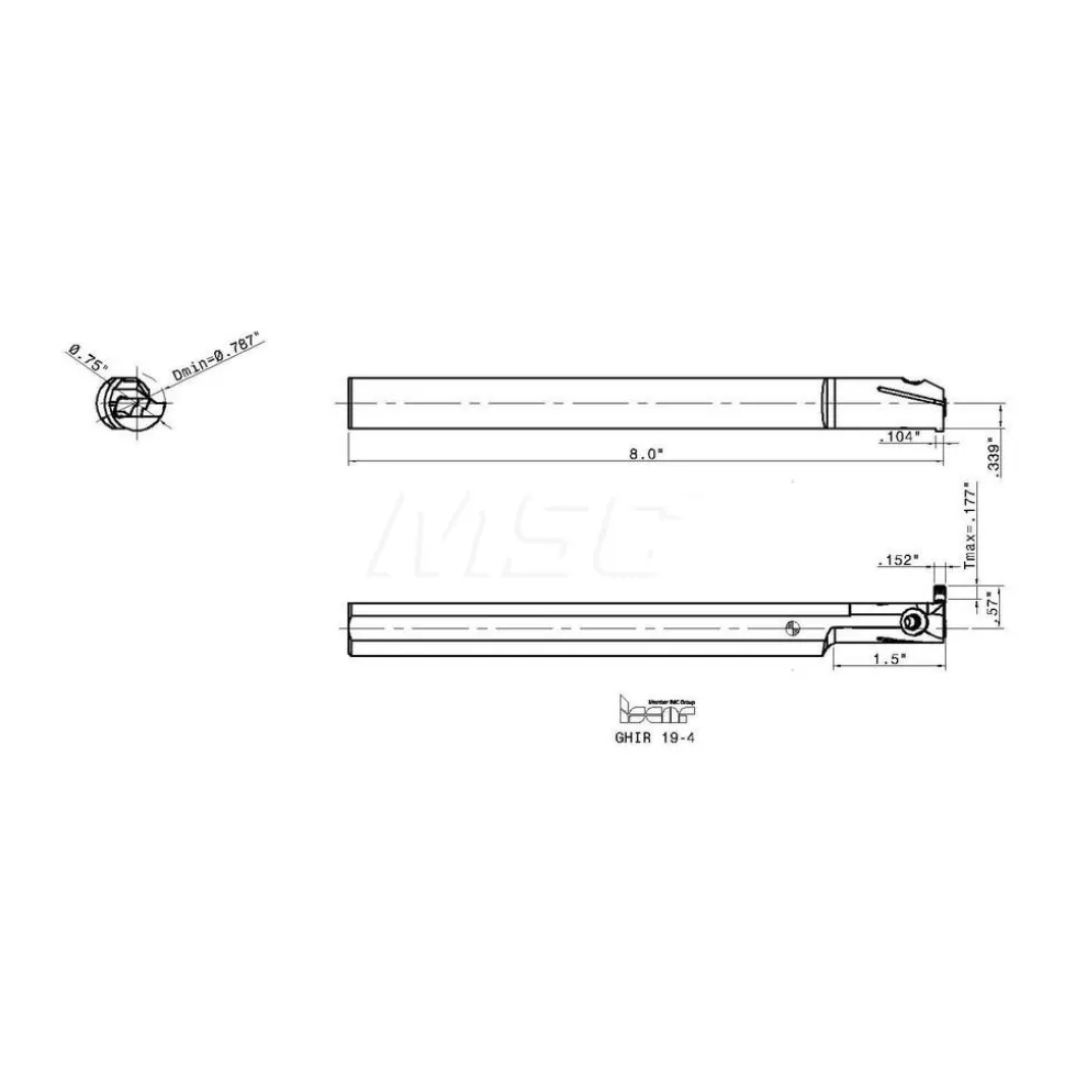 Indexable Grooving Toolholder: GHIR 19-4, Right Hand, 0.787" Max Workpiece Dia