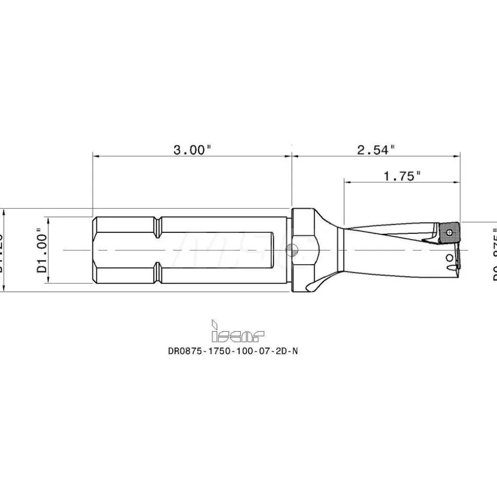 Indexable Insert Drill: DR0875-1750-100-07-2, 7/8" Max Dia, 1-3/4" Max Depth, 2xD, 1" Shank Dia