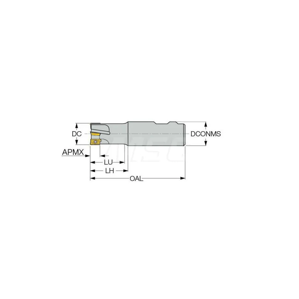 Indexable Square-Shoulder End Mill: HM90 E90A-D1.25-5W1.00, 1-1/4" Cut Dia, 0.394" Max Depth of Cut, 1" Dia Weldon Flat Shank
