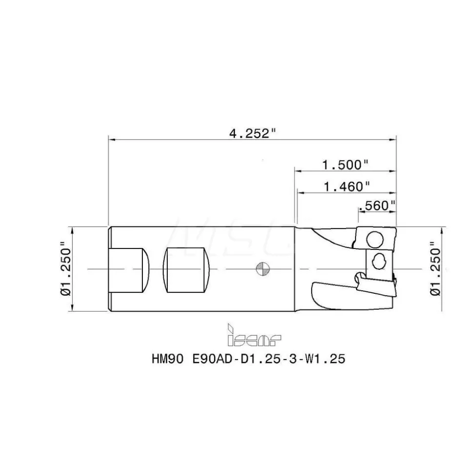 Indexable Square-Shoulder End Mill: HM90E90ADD1.25-3-W1.25, 1-1/4" Cut Dia, 0.56" Max Depth of Cut, 1-1/4" Dia Weldon Flat Shank