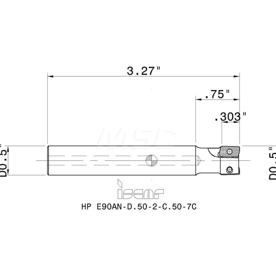 Indexable Square-Shoulder End Mill: HPE90AN-D.50-2-C.50-7C, 1/2" Cut Dia, 0.303" Max Depth of Cut, 1/2" Dia Cylindrical Shank