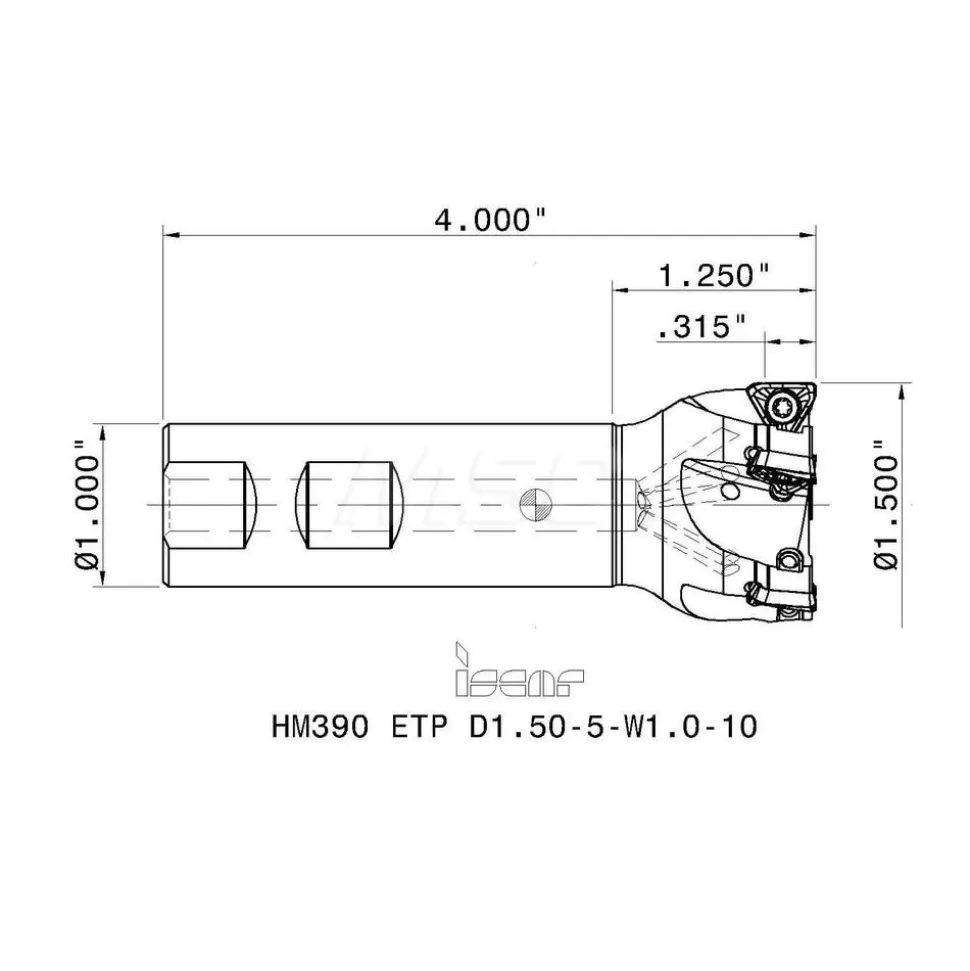 Indexable Square-Shoulder End Mill: HM390ETPD1.505W1.010, 1-1/2" Cut Dia, 0.315" Max Depth of Cut, 1" Dia Weldon Flat Shank