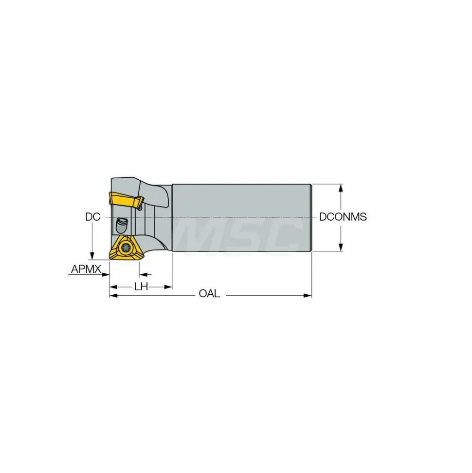 Indexable Square-Shoulder End Mill: HM390ETPD1.505W1.010, 1-1/2" Cut Dia, 0.315" Max Depth of Cut, 1" Dia Weldon Flat Shank