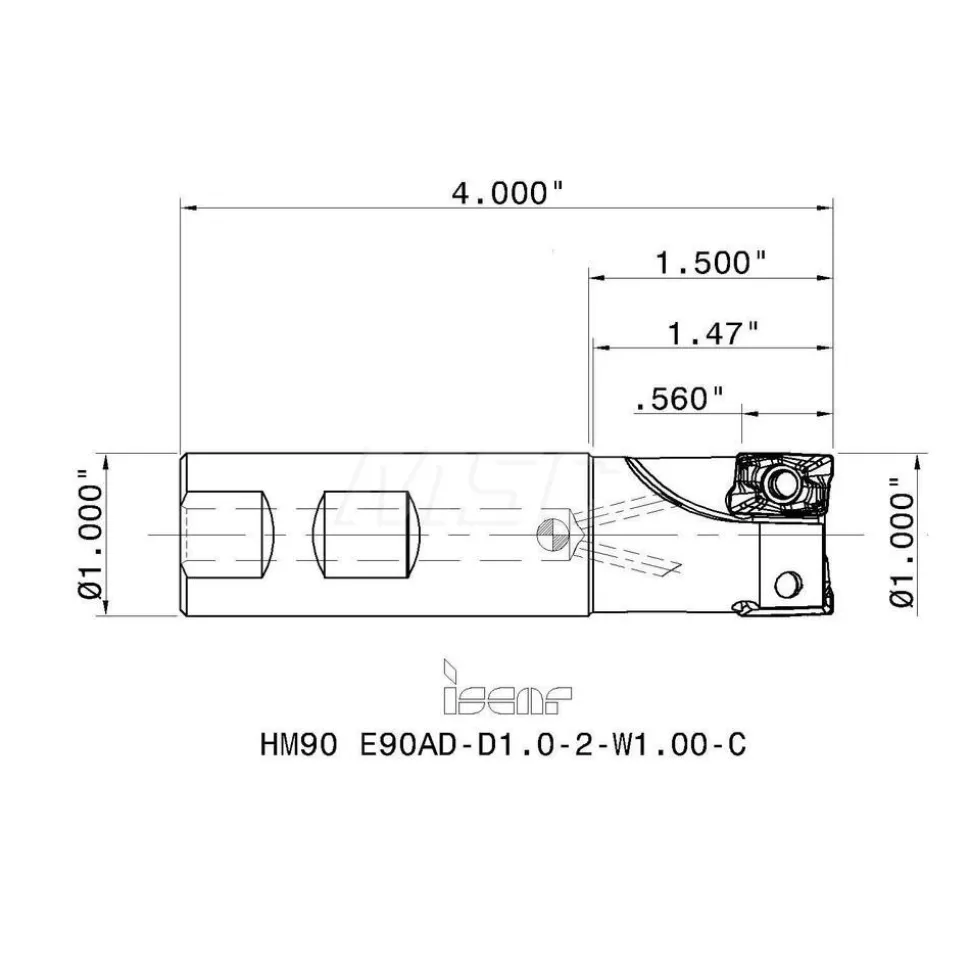 Indexable Square-Shoulder End Mill: HM90 E90AD-D1.0-2-W1.0, 1" Cut Dia, 0.56" Max Depth of Cut, 1" Dia Weldon Flat Shank
