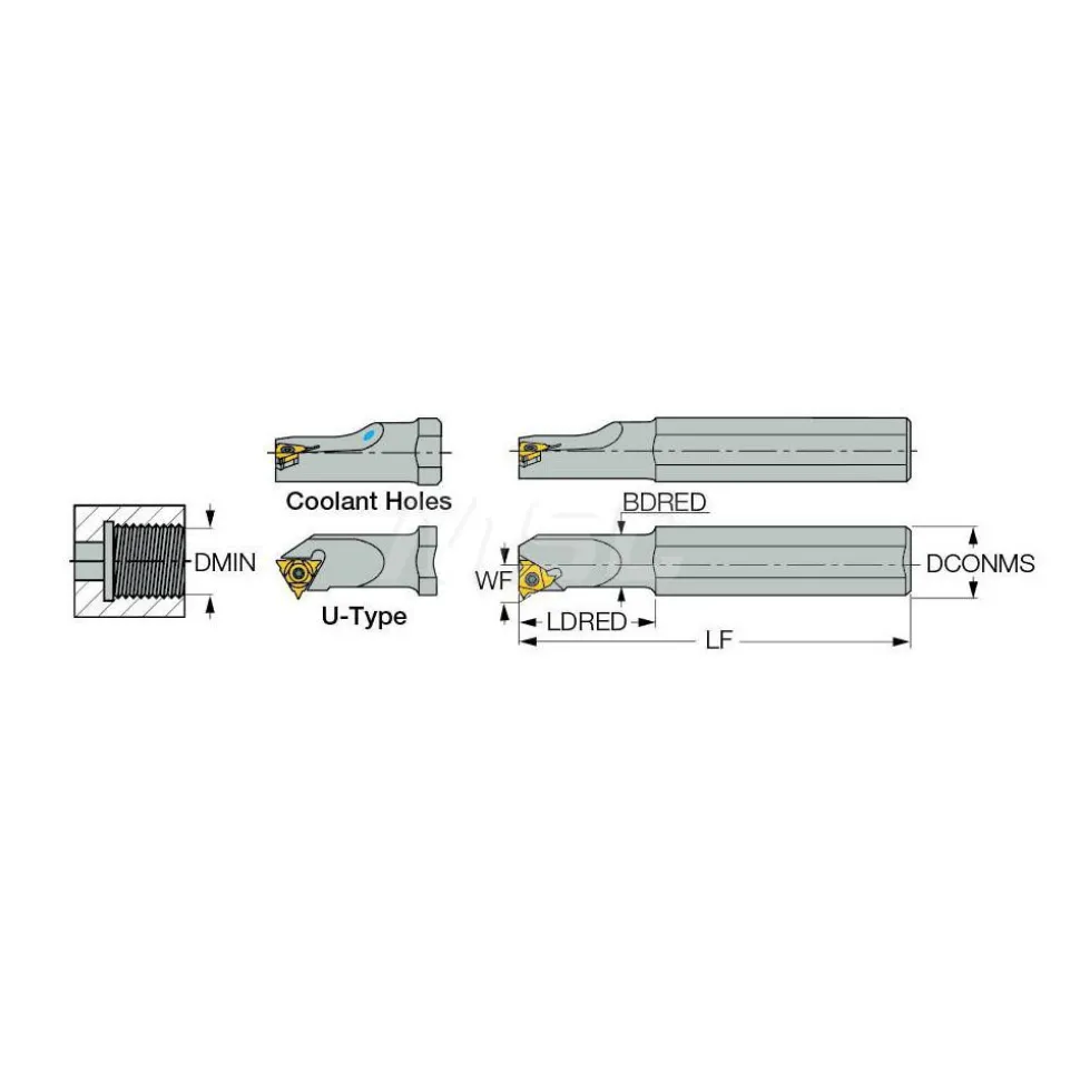Indexable Threading Toolholder: Internal, Right Hand, 1/4 x 1/4" Shank