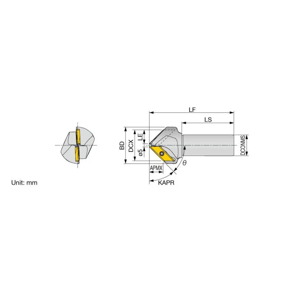 60° Lead Angle, 2.204" to 2.834" Cut Dia, Indexable & Chamfer End Mill