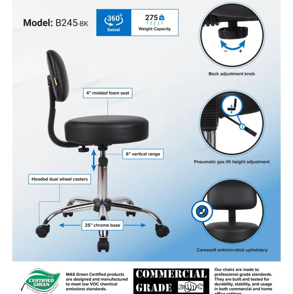 Medical Spa Professional Adjustable Stool with Back: 20-1/2 to 26-1/2" Seat Height, 16 x 16" Seat