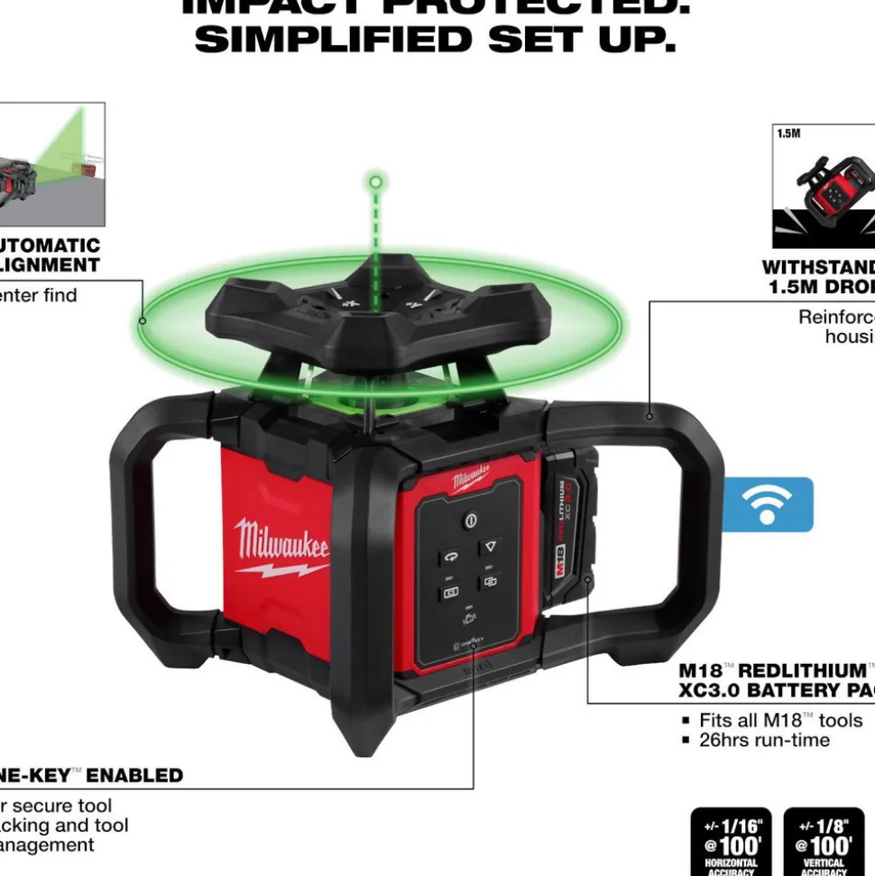 M18™ Green Interior Rotary Laser Level Kit with Remote/Receiver & Wall Mount Bracket