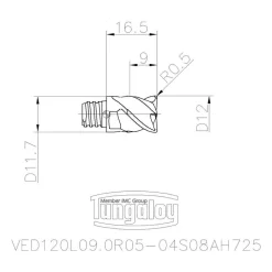 12mm Mill Dia, 9mm LOC, 16.5mm OAL, 4 Flute Square End Mill Head