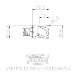 16mm Mill Dia, 12mm LOC, 20.5mm OAL, 4 Flute Square End Mill Head