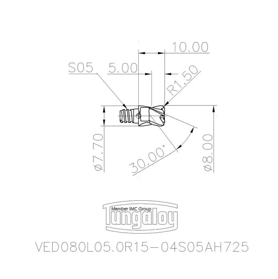 8mm Mill Dia, 5mm LOC, 10mm OAL, 4 Flute Square End Mill Head