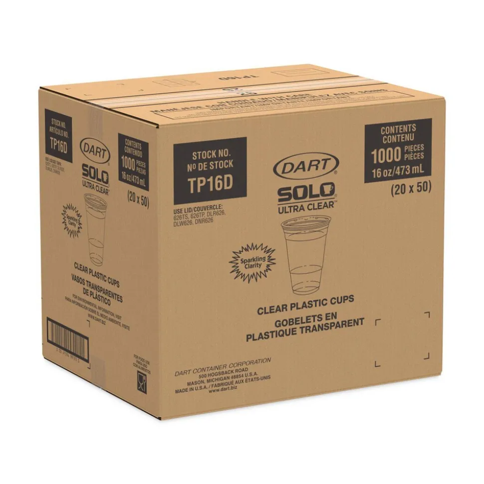 Pack of (50) Solo Plastic Cold Cups, 16 oz Clear