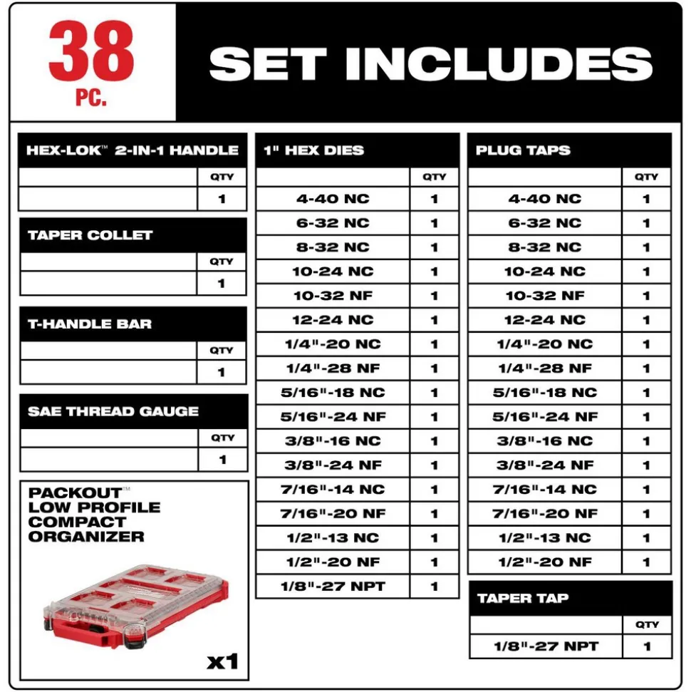 38 Pc. SAE Tap & Die PACKOUT™ Set with HEX-LOK™ 2-in-1 Handle