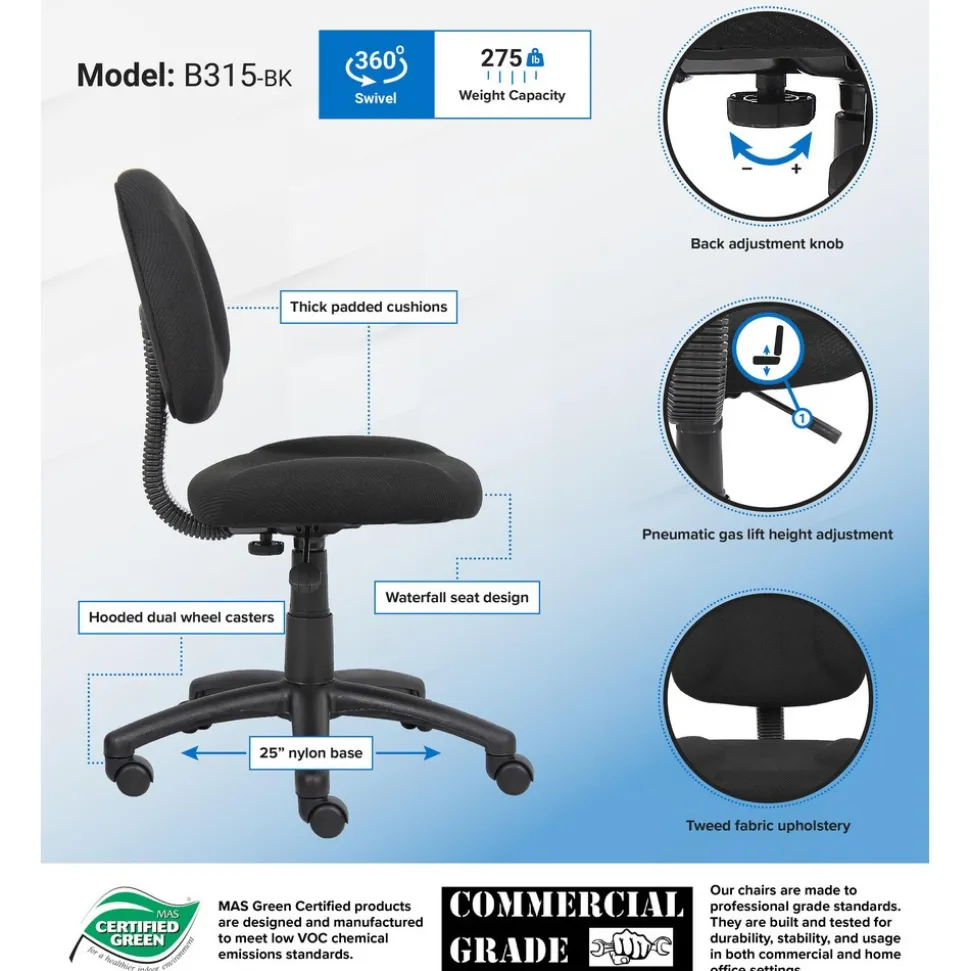 Perfect Posture Deluxe Office Task Chair Task Chair: Tweed, 23-1/2" Seat Height, Black, Adjustable Height