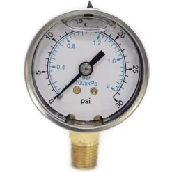 Pressure Gauge: 2" Dial, 30 psi, 1/4" Thread, NPT, Lower Mount