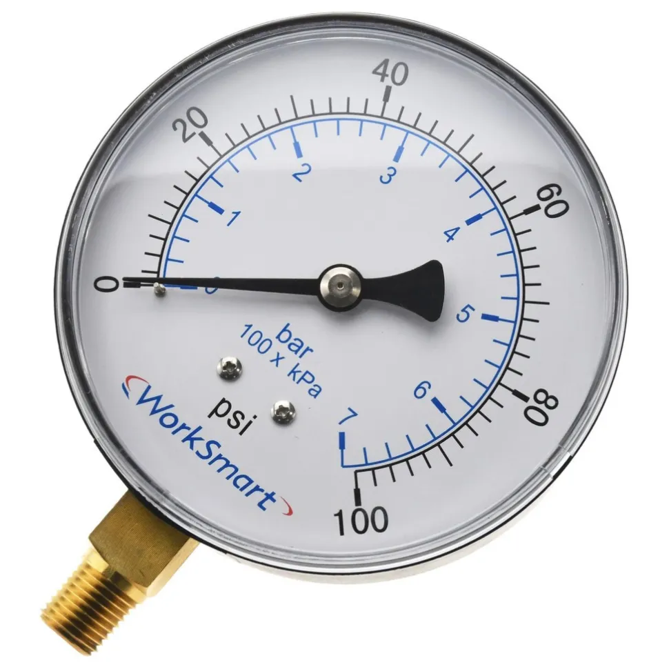 Pressure Gauge: 3-1/2" Dial, 100 psi, 1/4" Thread, NPT, Lower Mount