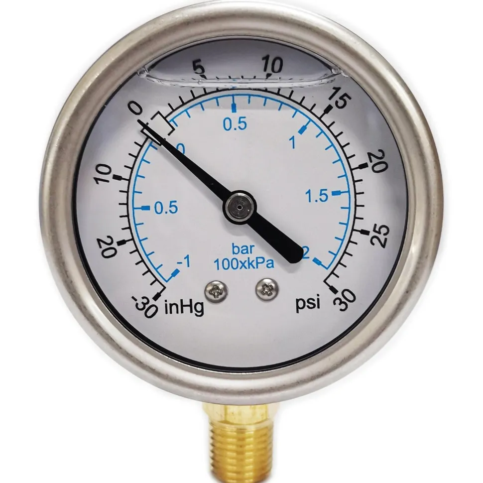 Pressure Gauge: 2-1/2" Dial, 30 psi, 1/4" Thread, NPT, Lower Mount