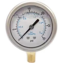 Pressure Gauge: 2-1/2" Dial, 30 psi, 1/4" Thread, NPT, Lower Mount