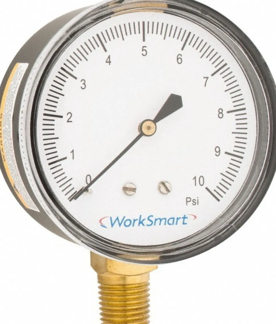 Pressure Gauge: 2-1/2" Dial, 10 psi, 1/4" Thread, NPT, Lower Mount